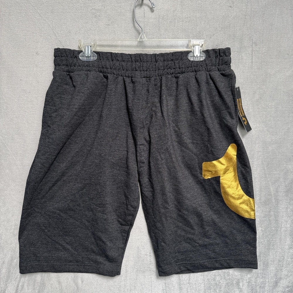 True Religion Sweat Shorts Mens Large Gray Loungewear Gold Logo Elastic Waist